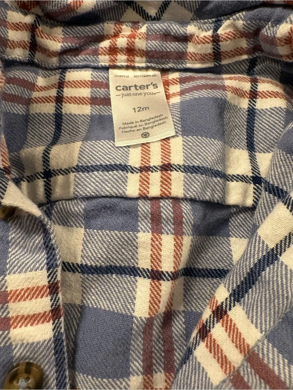 Carters Blue Plaid Flannel One-Piece Shirt size 12m